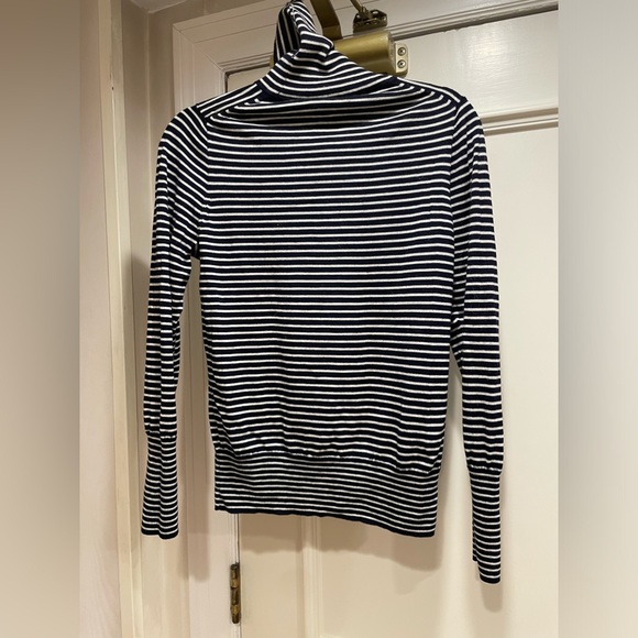 Jcrew Navy/white striped wool turtleneck. Large extra long cuffs - Picture 2 of 6